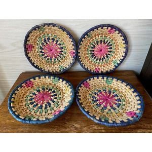 Set of Four Vintage Boho Wicker Wall Baskets / Vintage Wicker Plate Chargers